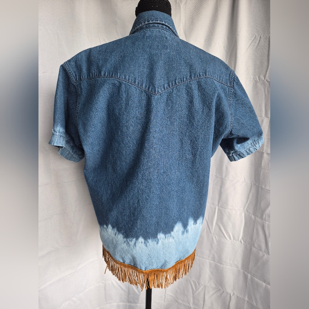 Wrangler Denim Pearl Snap Fringe Shirt Sz 16 Blue Watercolor Tie Dye Cowgirl - Picture 7 of 13
